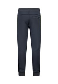 Marineblaue Sporthosen mit glatter Textur, tailliertem Design, elastischem Bund, reflektierenden Akzenten und einer Gesäßtasche auf der rechten Seite.