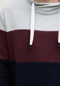 Felpa con cappuccio in blocchi di colore grigio chiaro, bordeaux e blu navy. Presenta un cappuccio con cordini e un tessuto testurizzato. Etichetta del marchio nera visibile.