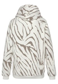 Sudadera con capucha en blanco con un patrón de rayas de cebra en marrón. Presenta mangas largas y un dobladillo acanalado. Hecha de suave tela de algodón.