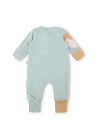 Light blue onesie featuring long sleeves with a tan cuff and a colorful pattern on the right sleeve. Made from soft fabric.
