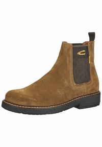 Braune Wildleder Chelsea-Stiefel mit elastischen Seitenpanelen, strukturierten Stoffakzenten und einer schwarzen Gummisohle mit kontrastierendem Stich.