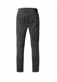 Schwarze Jeans aus Denim mit schlankem Schnitt, ausgestattet mit Gesäßtaschen, dezenten Nähten und einer glatten Textur.