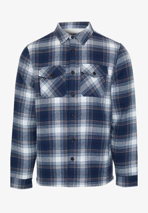 Ruitjes flanellen shirt met een marineblauwe, witte en bruine ruitpatroon. Lange mouwen, knoopsluiting aan de voorkant en twee borstzakken met kleppen.