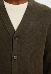 Smeđa pletena kardigan jakna s V-izrezom, koja ima teksturiranu tkaninu i jedan crni gumb za zatvaranje, nosi se preko svijetle košulje.