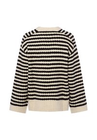 Striped sweater with thick black and cream horizontal lines, ribbed cuffs and hem, soft texture, and a relaxed fit. Back view shown.