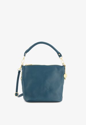 Sac à main en cuir teal avec une finition texturée, accents en métal doré, bandoulière détachable et une seule poignée supérieure. Fermeture zippée.