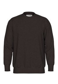 Suéter de punto marrón oscuro con cuello redondo, tejido texturizado, puños y dobladillo acanalados, que ofrece un ajuste relajado y un diseño estructurado.