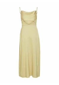 Vestido midi en satén amarillo pálido, con finos tirantes, escote redondeado y un corsé ajustado que se transforma en una falda fluida.
