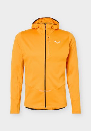 Heleoranž kapuutsiga jope eesmine tõmblukk, rindkere tõmblukuga tasku ja väike valge logo vasakul rinnal.