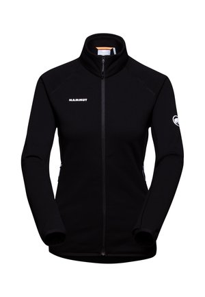 Schwarze Fleecejacke mit hohem Kragen, vollem Reißverschluss und Mammut-Logo auf der Brust. Verfügt über seitliche Taschen mit Reißverschluss und eine glatte Textur.