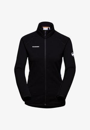 Melna flīsa jakas ar augstu apkakli, pilnu rāvējslēdzēju un Mammut logotipu uz krūtīm. Iespējas ar rāvējslēdzēja sānu kabatām un gludu tekstūru.