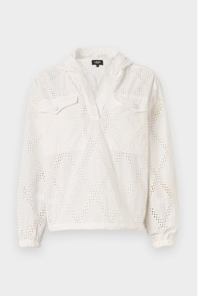 Witte pullover met ruitvormige uitsparingen, twee voorkruim pockets en elastische manchetten. De stof lijkt lichtgewicht en ademend.