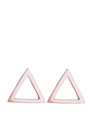 Paire de boucles d'oreilles triangulaires simples en or rose à cadre ouvert avec bords lisses sur fond blanc.