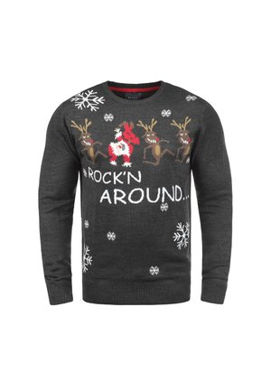 Šedý pletený svetr se vzorem bílých sněhových vloček a slavnostním motivem s jeleny a nápisem "ROCK'N AROUND" v bílé barvě.