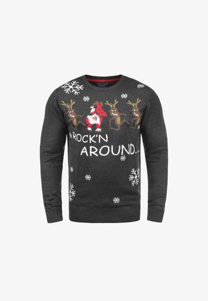Szürke kötött pulóver fehér hópelyhekkel és ünnepi mintával, melyen rénszarvasok és a „ROCK'N AROUND” fehér felirat található.