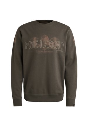 Felpa verde oliva realizzata in misto cotone, con collo rotondo e polsini a costine. Testo grafico frontale "PME LEGEND Aviator" in colore a contrasto.