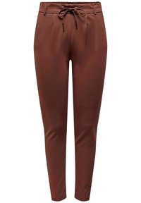 Hnědé, upravené kalhoty vyrobené z hladkého materiálu s elastickým pasem a předními záhyby, s šňůrkovým uzávěrem a zúženými nohami.