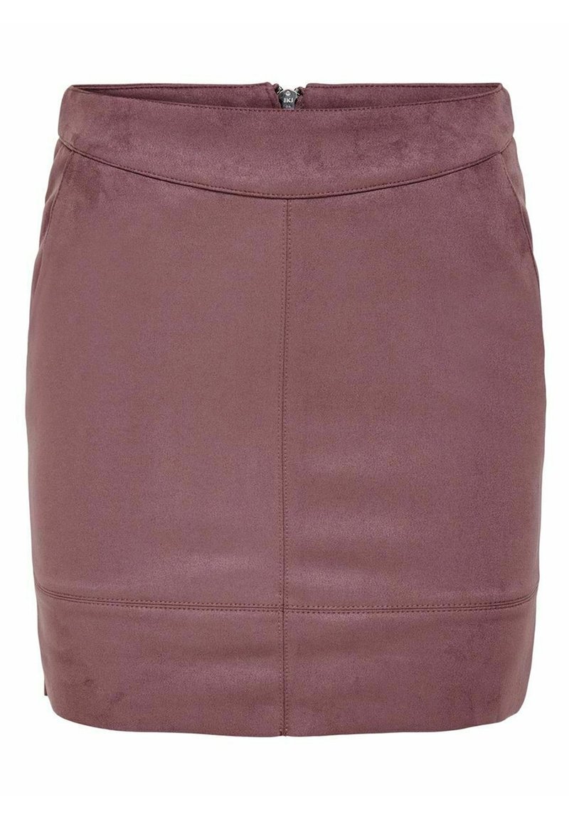 Jupe mini en simili cuir violet avec une coupe ajustée, fermeture éclair à l'arrière et surpiqûres le long des coutures.