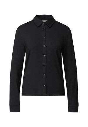 Camicia nera a maniche lunghe con colletto, realizzata in un tessuto morbido. Presenta una chiusura frontale a bottoni e maniche con polsini.