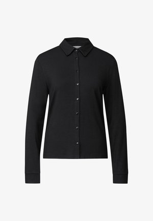 Camisa negra de manga larga con botones y cuello, hecha de una tela suave. Presenta un cierre frontal con botones y mangas con puños.