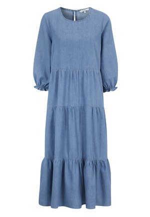 Blauwe denim midi-jurk met lange pofmouwen, ronde halslijn en gelaagde volantzoom. Zachte stof met een gladde textuur, casual ontwerp.