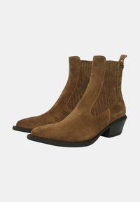 Stivali alla caviglia in suede marrone con punta appuntita, caratterizzati da pannelli elastici sui lati e tacco basso a blocco. Cuciture decorative visibili sui pannelli.