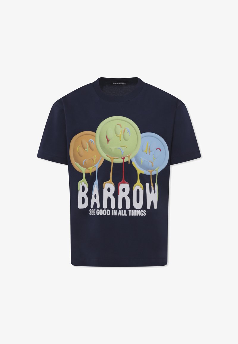 Navyblauwe katoenen t-shirt met drie kleurrijke, druipende glimlachende gezichten en de tekst "BARROW ZIET GOEDS IN ALLE DINGEN" in vetgedrukte witte letters.