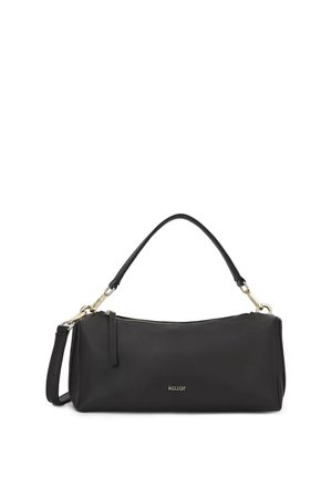 Sac à épaule rectangulaire noir avec fermeture éclair, deux poignées et quincaillerie dorée estampillée "kazar" en petits caractères.
