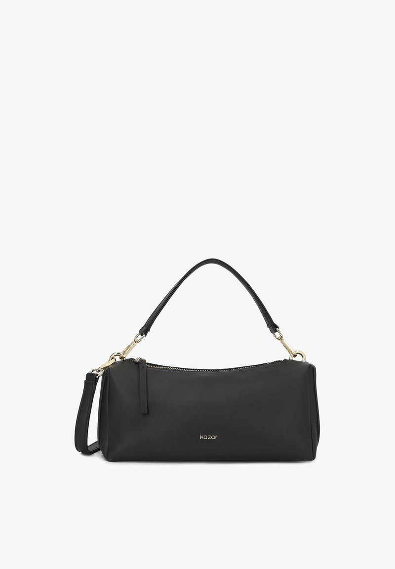 Sac à épaule rectangulaire noir avec fermeture éclair, deux poignées et quincaillerie dorée estampillée "kazar" en petits caractères.