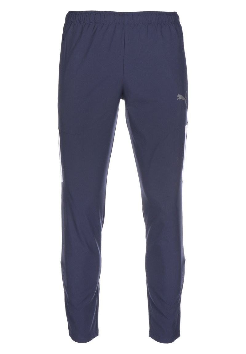 Pantaloni sportivi blu scuro con vita elastica, tasche laterali e un sottile dettaglio del marchio. Tessuto liscio e leggero.