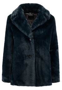 Tekoturkistakki tummansinisessä sävyssä, jossa leveä kaulus, napillinen suljenta ja pehmeä, teksturoitu pinta. Sopii kerrospukeutumiseen viileällä säällä.