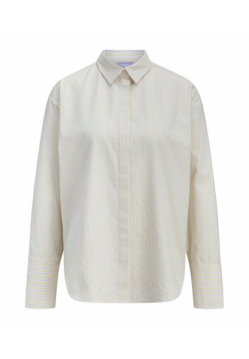 Chemise boutonnée jaune clair avec des rayures verticales dans des couleurs pastel. Présente un col et des manches longues avec des détails au niveau des poignets. Texture douce.