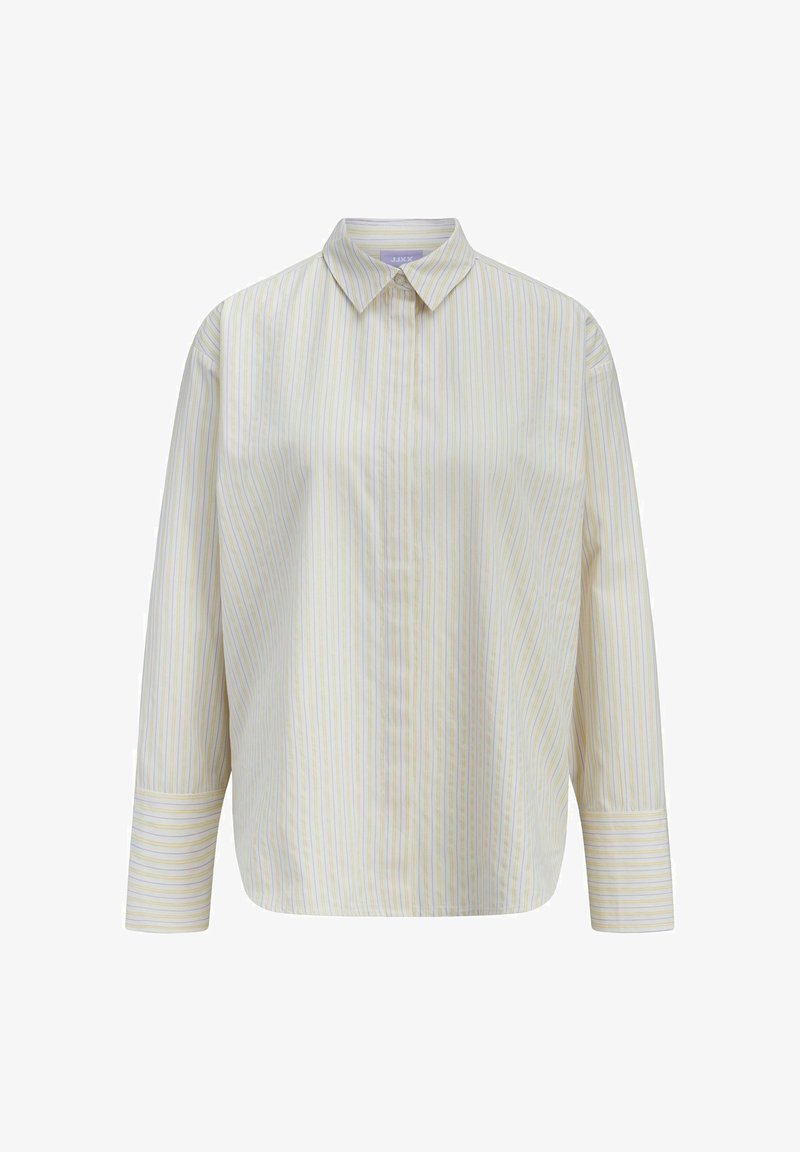 Chemise boutonnée jaune clair avec des rayures verticales dans des couleurs pastel. Présente un col et des manches longues avec des détails au niveau des poignets. Texture douce.