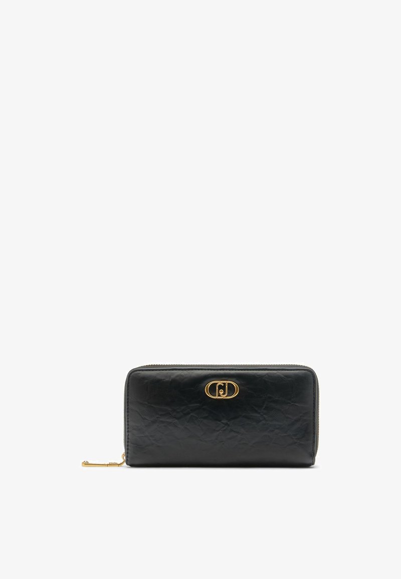 Black leather wallet with a crinkled texture, zip closure, and gold-tone logo hardware on the front. Rectangular shape, compact design.