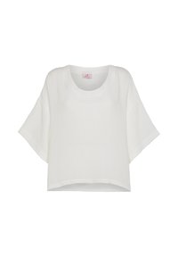 Witte top met korte mouwen en een losse pasvorm, gemaakt van een gestructureerde stof. Heeft een ronde halslijn en een zoom die iets langer is aan de achterkant.
