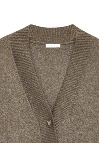 Brūns adīts kardigans ar V-veida kaklu, ribotām malām un priekšpusi, kā arī vienu pogu aizvēršanai ar strukturētu apdari.