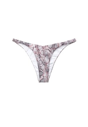Bikini bottom in snake print pattern with varying shades of pink and gray, featuring a low-rise cut and smooth white interior lining.