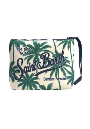 Piccola pochette con cerniera con motivo di palme verdi e testo "The place to be Saint Barth Summer Paradise" in lettere blu scuro.