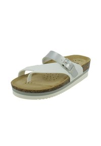 Infradito bianche con una fascia e fibbia metallica argentata, footbed in sughero e suola texture; presenta perforazioni per la traspirabilità.