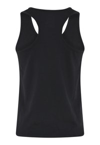 Top noir sans manches en tissu lisse. Il présente un col rond et un design dos nu avec des coutures nettes et une coupe décontractée.