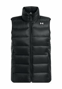 Gilet piumino nero con colletto alto, zip frontale e due tasche laterali. Motivo a trapezio e logo Under Armour sul lato superiore sinistro.
