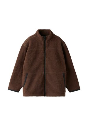 Veste en polaire marron avec fermeture éclair noire intégrale, col montant, manches longues et deux poches latérales zippées.