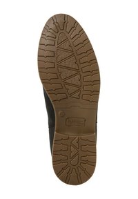 Svart känga med texturerad gummisula som har ett zigzagmönster och en brun bas. Etiketter synliga på sidan och sulområdet.