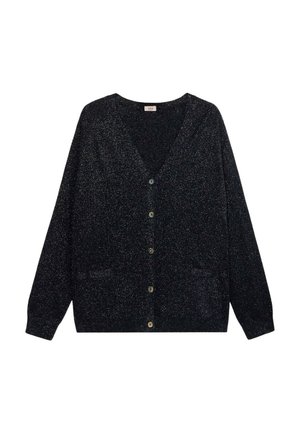 Zwarte cardigan met V-hals, lange mouwen, knopen aan de voorkant en twee voorkuilen. Gemaakt van een glinsterende stof met een gestructureerde afwerking.