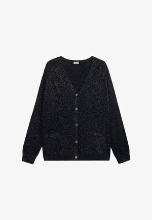Zwarte cardigan met V-hals, lange mouwen, knopen aan de voorkant en twee voorkuilen. Gemaakt van een glinsterende stof met een gestructureerde afwerking.