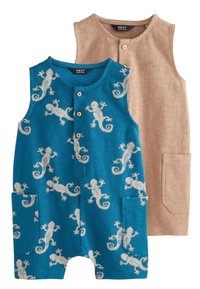 To ærmeløse romperdragt: den ene turkis med hvidt firbenmønster, knapper foran og lommer; den anden beige med en diskret tekstur og uden mønster.