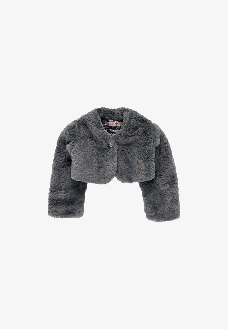 Veste courte grise en fausse fourrure avec manches longues et col rond, conçue pour les enfants.