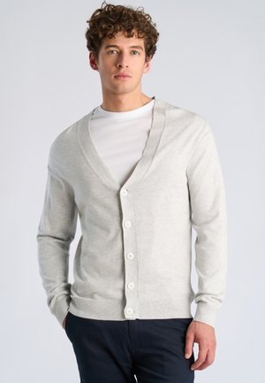 Ung mand med krøllet hår iført en lysegrå, knappet cardigan over en hvid T-shirt og mørke bukser, stående mod en ensfarvet baggrund.