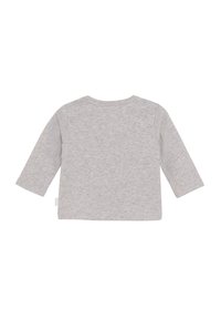 Effen lichtgrijze lange mouwen peutershirt, zacht materiaal met ronde hals, vanaf de achterkant weergegeven op een witte achtergrond.