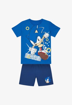 Blue children's outfit with Sonic the Hedgehog graphic on shirt and shorts, featuring text "I gotta go faster!" and golden rings design.